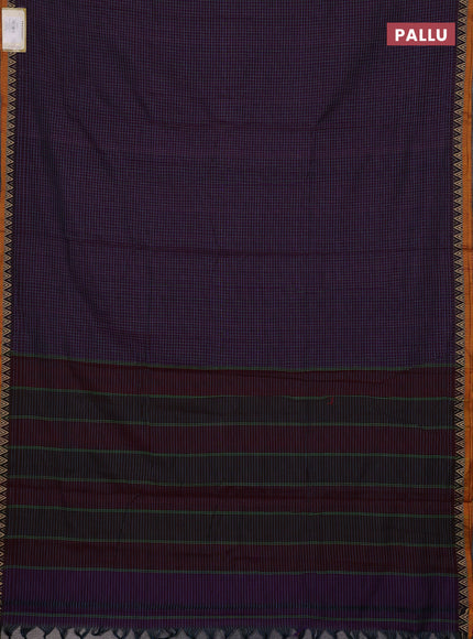 Narayanpet cotton saree purple and mustard yellow with allover small thread checked pattern and temple design thread woven border