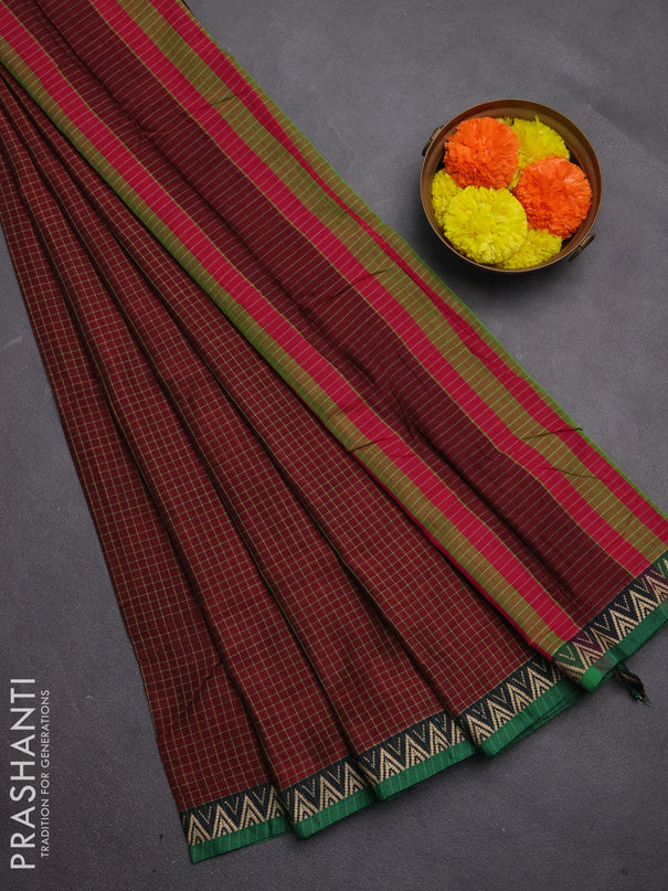 Narayanpet cotton saree maroon and green with allover small thread checked pattern and temple design thread woven border