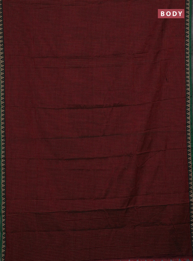 Narayanpet cotton saree maroon and green with allover small thread checked pattern and temple design thread woven border