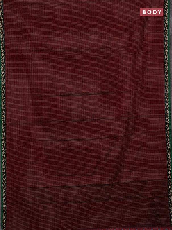 Narayanpet cotton saree maroon and green with allover small thread checked pattern and temple design thread woven border