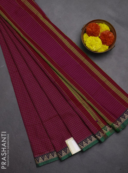 Narayanpet cotton saree pink and green with allover small thread checked pattern and temple design thread woven border