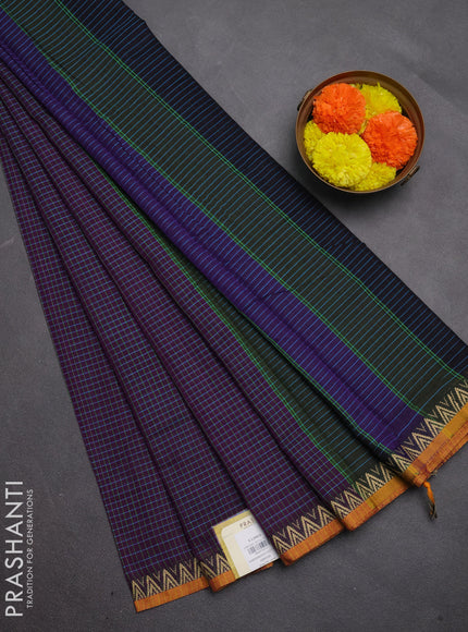 Narayanpet cotton saree purple and mustard yellow with allover small thread checked pattern and temple design thread woven border
