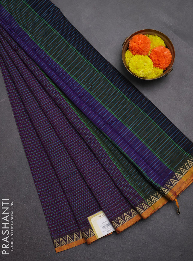 Narayanpet cotton saree purple and mustard yellow with allover small thread checked pattern and temple design thread woven border