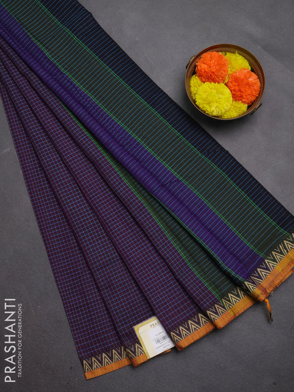 Narayanpet cotton saree purple and mustard yellow with allover small thread checked pattern and temple design thread woven border