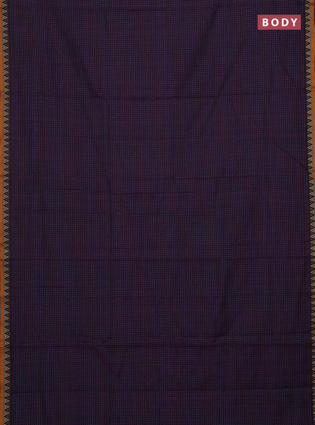 Narayanpet cotton saree purple and mustard yellow with allover small thread checked pattern and temple design thread woven border