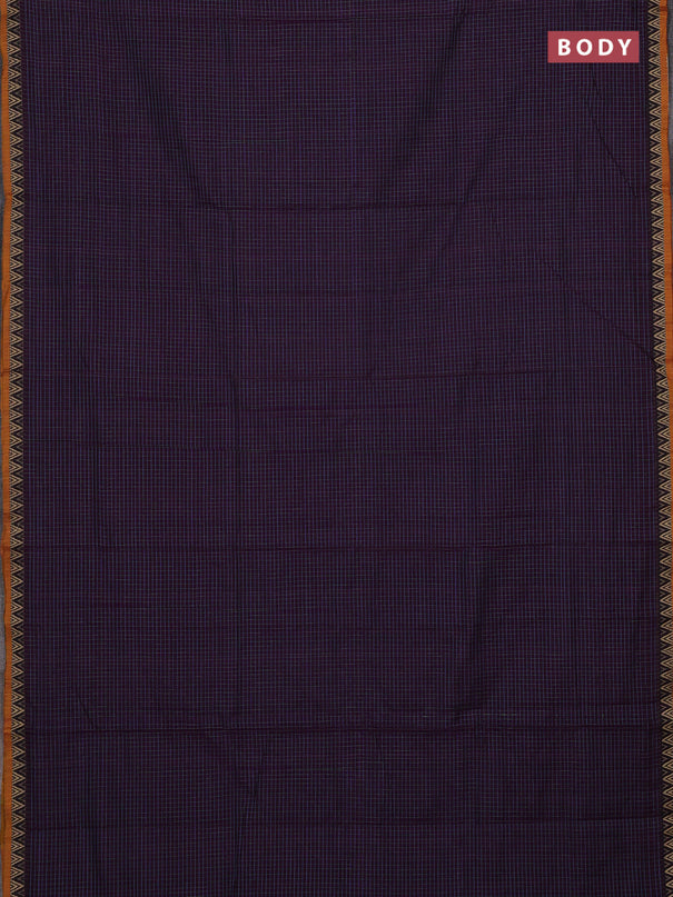 Narayanpet cotton saree purple and mustard yellow with allover small thread checked pattern and temple design thread woven border