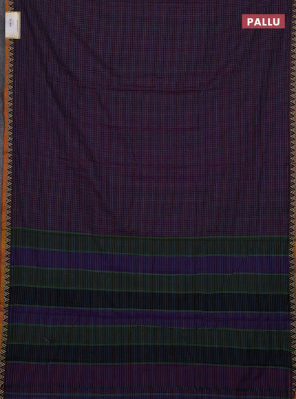 Narayanpet cotton saree purple and mustard yellow with allover small thread checked pattern and temple design thread woven border