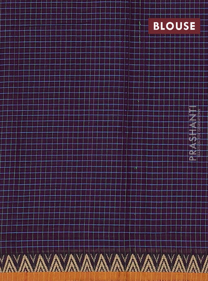 Narayanpet cotton saree purple and mustard yellow with allover small thread checked pattern and temple design thread woven border