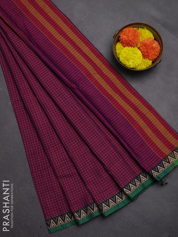 Narayanpet cotton saree magenta pink and green with allover small thread checked pattern and temple design thread woven border