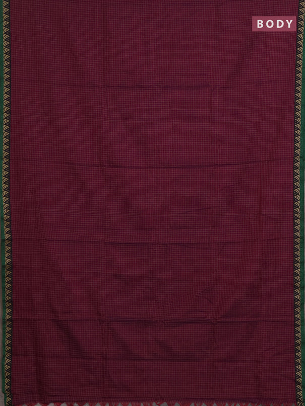 Narayanpet cotton saree magenta pink and green with allover small thread checked pattern and temple design thread woven border