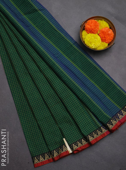 Narayanpet cotton saree green and maroon with allover small thread checked pattern and temple design thread woven border