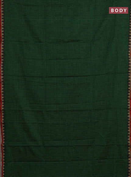 Narayanpet cotton saree green and maroon with allover small thread checked pattern and temple design thread woven border