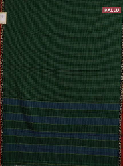 Narayanpet cotton saree green and maroon with allover small thread checked pattern and temple design thread woven border