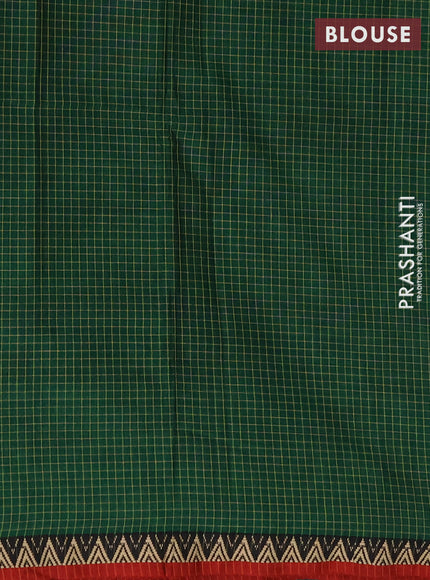 Narayanpet cotton saree green and maroon with allover small thread checked pattern and temple design thread woven border