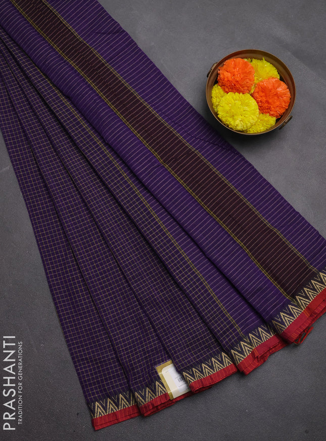 Narayanpet cotton saree violet and maroon with allover small thread checked pattern and temple design thread woven border