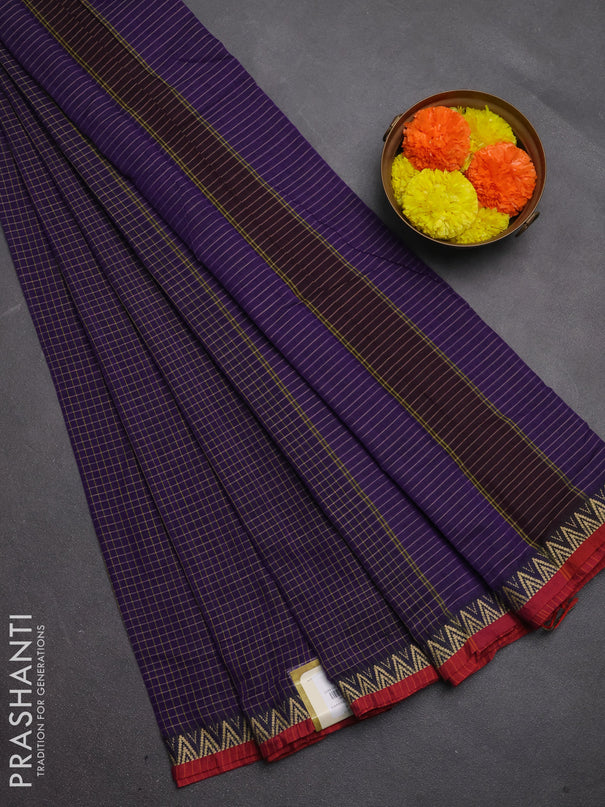 Narayanpet cotton saree violet and maroon with allover small thread checked pattern and temple design thread woven border