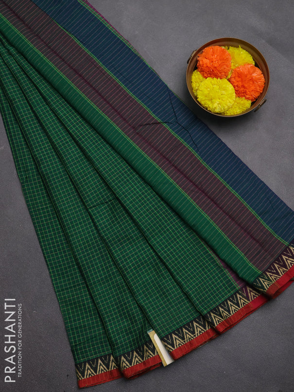 Narayanpet cotton saree green and maroon with allover small thread checked pattern and temple design thread woven border