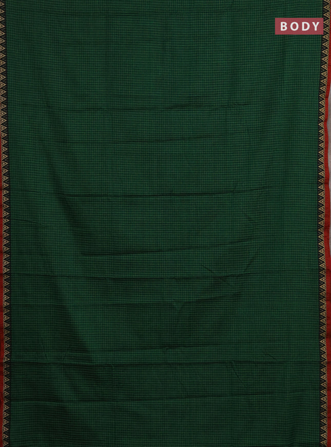 Narayanpet cotton saree green and maroon with allover small thread checked pattern and temple design thread woven border