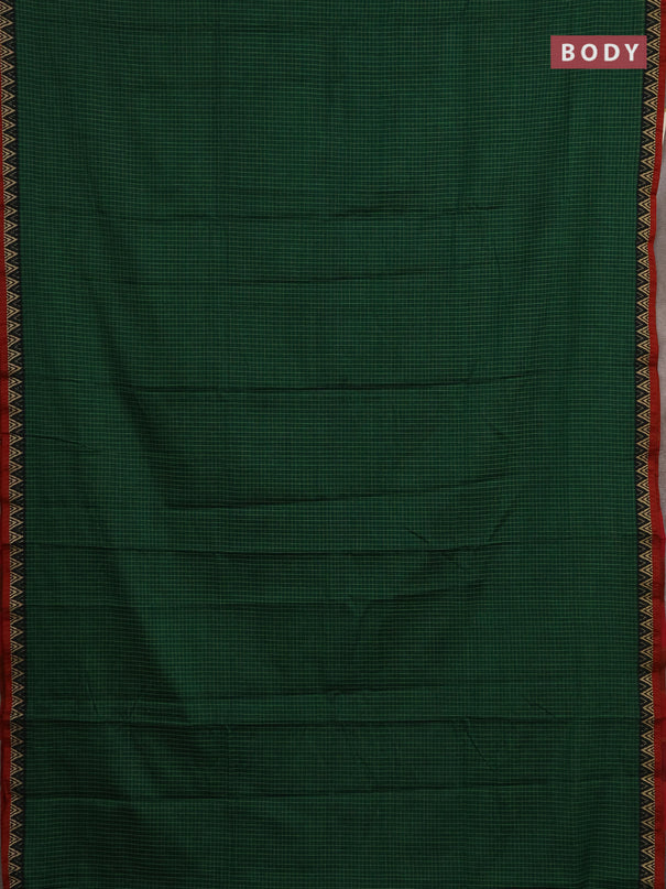 Narayanpet cotton saree green and maroon with allover small thread checked pattern and temple design thread woven border