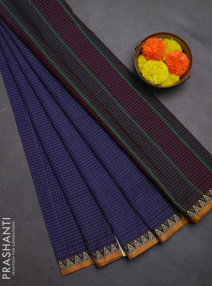 Narayanpet cotton saree violet and mustard yellow with allover small thread checked pattern and temple design thread woven border