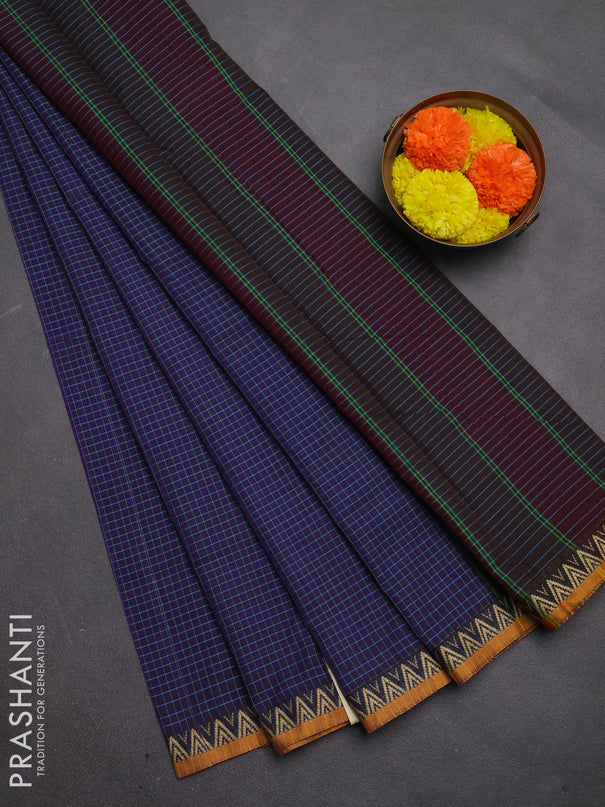 Narayanpet cotton saree violet and mustard yellow with allover small thread checked pattern and temple design thread woven border