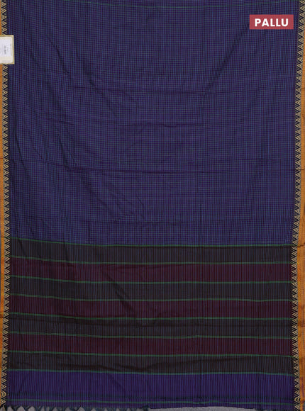 Narayanpet cotton saree violet and mustard yellow with allover small thread checked pattern and temple design thread woven border