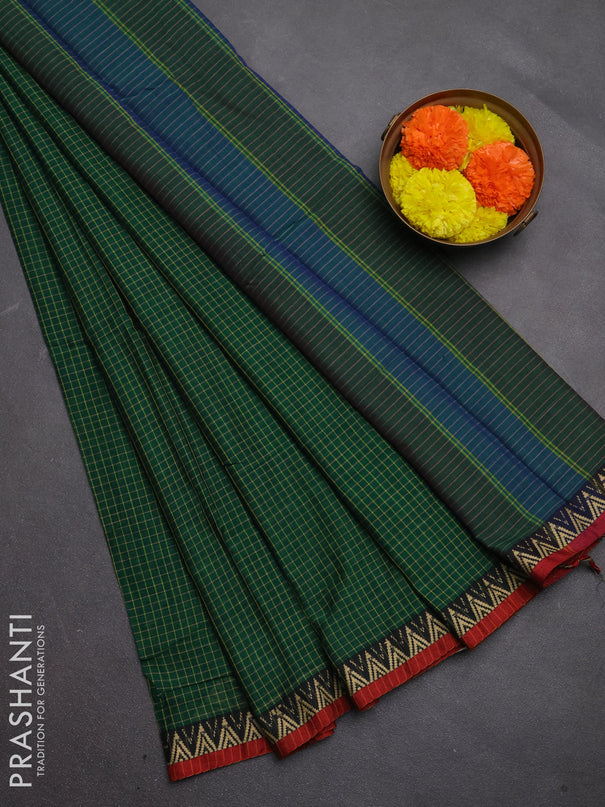 Narayanpet cotton saree green and maroon with allover small thread checked pattern and temple design thread woven border