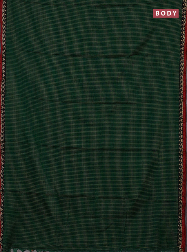 Narayanpet cotton saree green and maroon with allover small thread checked pattern and temple design thread woven border