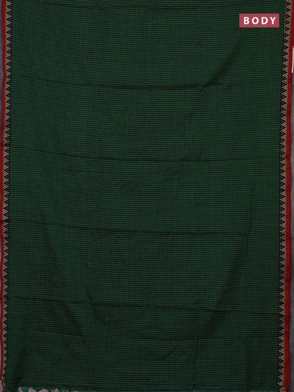 Narayanpet cotton saree green and maroon with allover small thread checked pattern and temple design thread woven border