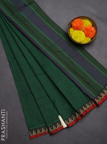 Narayanpet cotton saree green and maroon with allover small thread checked pattern and temple design thread woven border