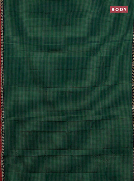 Narayanpet cotton saree green and maroon with allover small thread checked pattern and temple design thread woven border