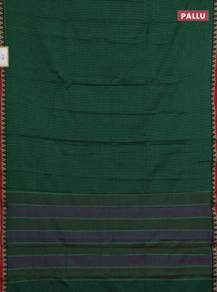 Narayanpet cotton saree green and maroon with allover small thread checked pattern and temple design thread woven border