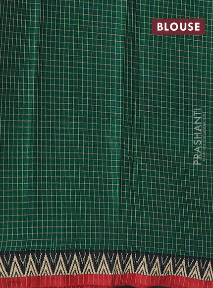 Narayanpet cotton saree green and maroon with allover small thread checked pattern and temple design thread woven border