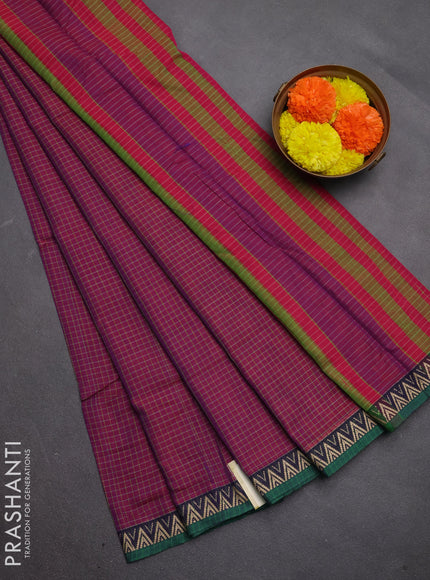Narayanpet cotton saree magenta pink and violet green with allover small thread checked pattern and temple design thread woven border