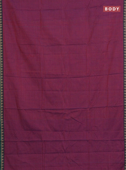 Narayanpet cotton saree magenta pink and violet green with allover small thread checked pattern and temple design thread woven border