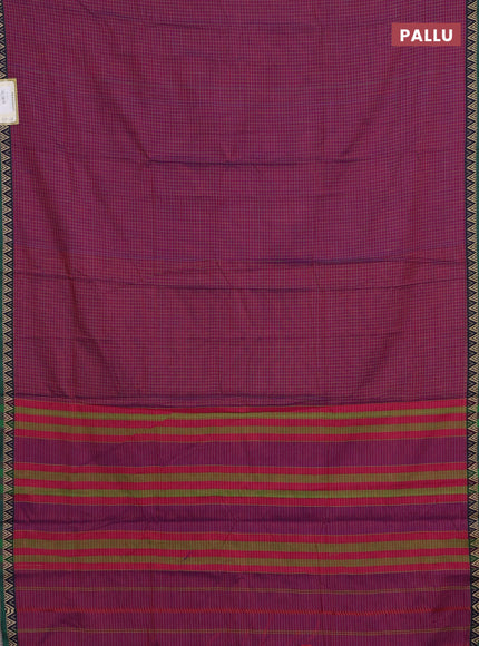Narayanpet cotton saree magenta pink and violet green with allover small thread checked pattern and temple design thread woven border