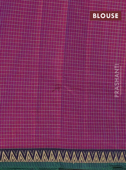 Narayanpet cotton saree magenta pink and violet green with allover small thread checked pattern and temple design thread woven border