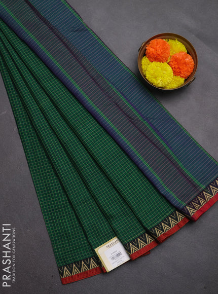 Narayanpet cotton saree green and maroon with allover small thread checked pattern and temple design thread woven border