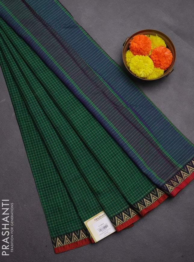 Narayanpet cotton saree green and maroon with allover small thread checked pattern and temple design thread woven border