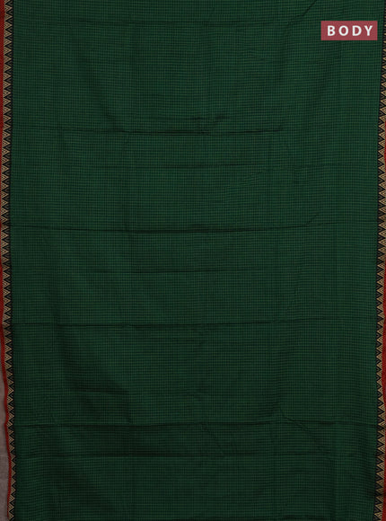 Narayanpet cotton saree green and maroon with allover small thread checked pattern and temple design thread woven border