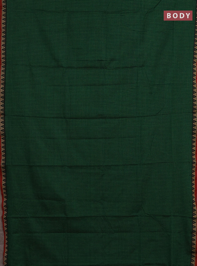 Narayanpet cotton saree green and maroon with allover small thread checked pattern and temple design thread woven border