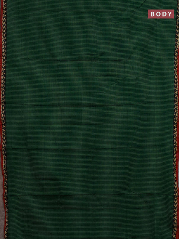 Narayanpet cotton saree green and maroon with allover small thread checked pattern and temple design thread woven border