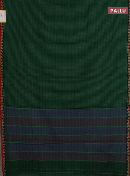 Narayanpet cotton saree green and maroon with allover small thread checked pattern and temple design thread woven border