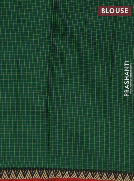 Narayanpet cotton saree green and maroon with allover small thread checked pattern and temple design thread woven border