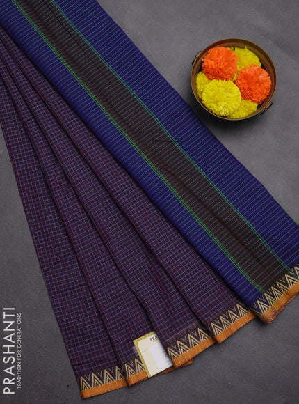 Narayanpet cotton saree purple and mustard yellow with allover small thread checked pattern and temple design thread woven border