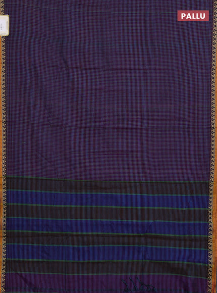Narayanpet cotton saree purple and mustard yellow with allover small thread checked pattern and temple design thread woven border