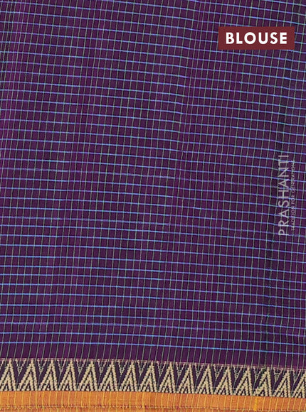 Narayanpet cotton saree purple and mustard yellow with allover small thread checked pattern and temple design thread woven border