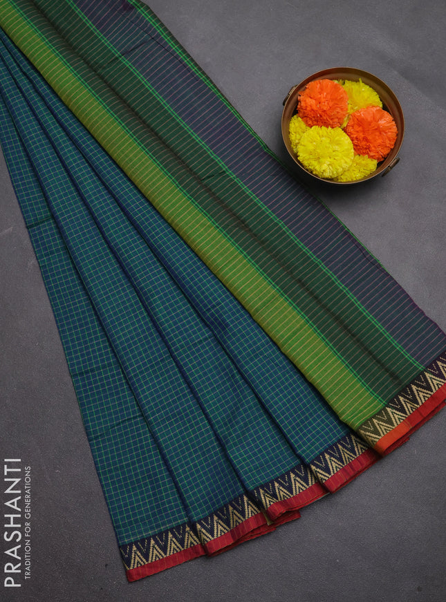 Narayanpet cotton saree teal green and maroon with allover small thread checked pattern and temple design thread woven border