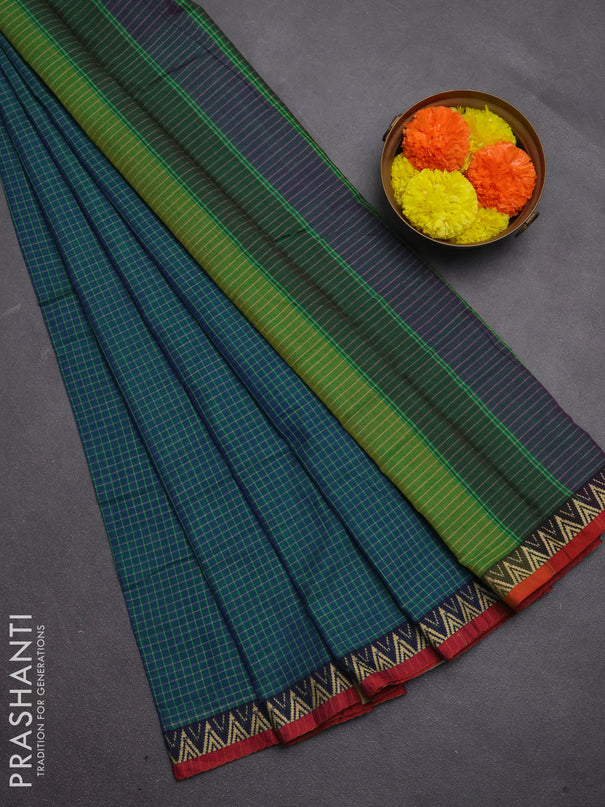 Narayanpet cotton saree teal green and maroon with allover small thread checked pattern and temple design thread woven border