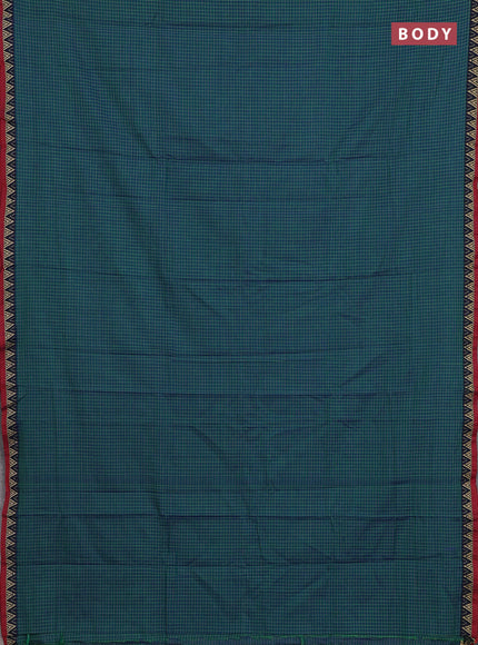Narayanpet cotton saree teal green and maroon with allover small thread checked pattern and temple design thread woven border